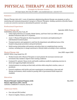 An example of a physical therapy aide resume with a centered resume header and coral colored font to differentiate between each section header and job title