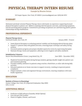 A physical therapy intern resume example.
