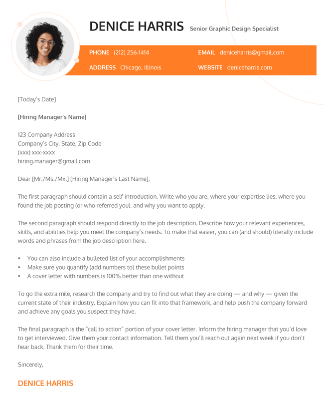 The Original Picture picture cover letter template in orange