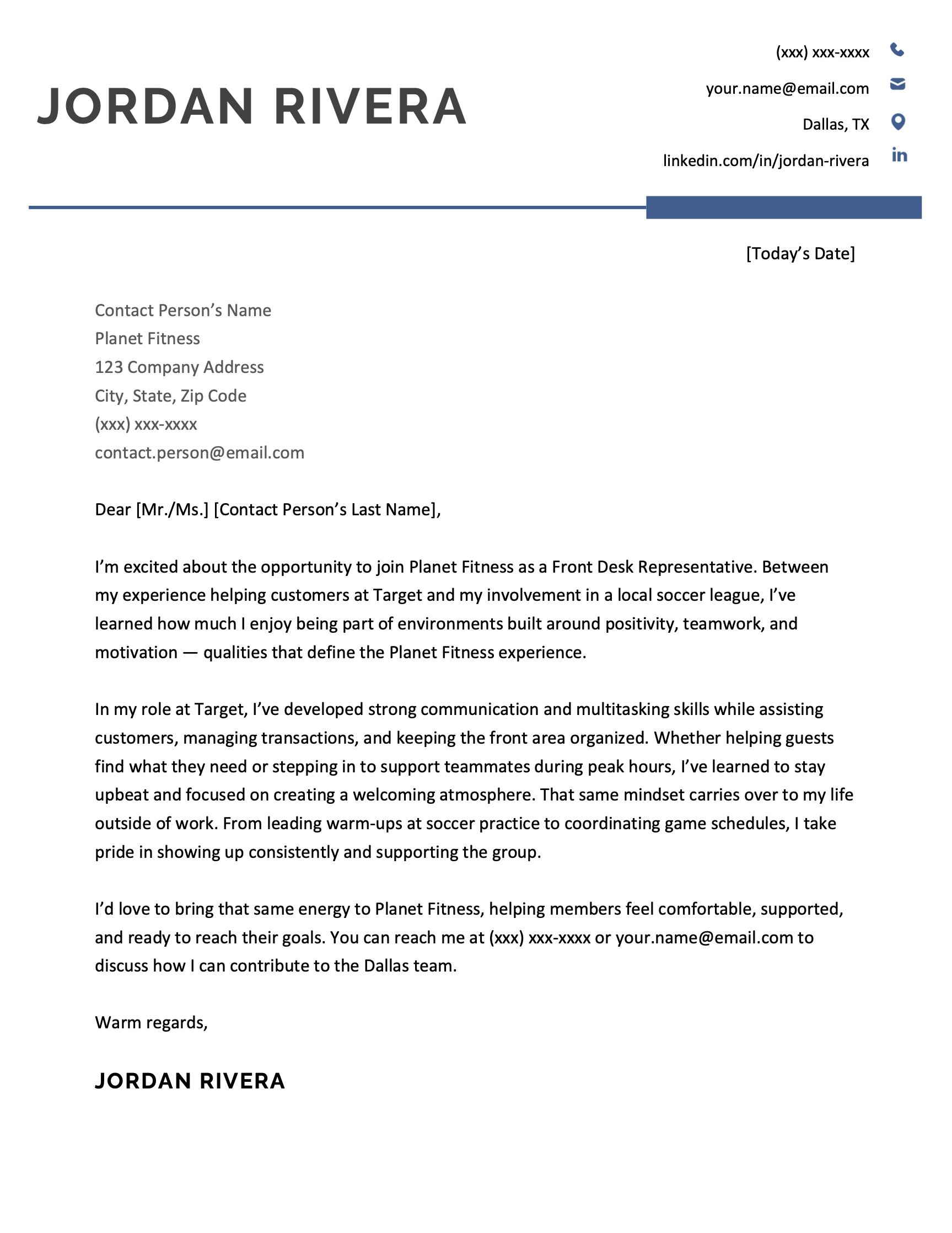 An example customer service cover letter for a front desk representative job at Planet Fitness.