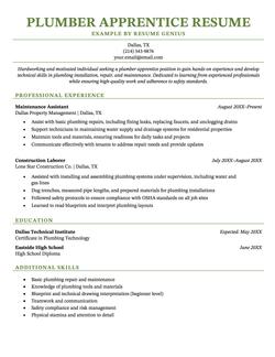 A plumber apprentice resume example.