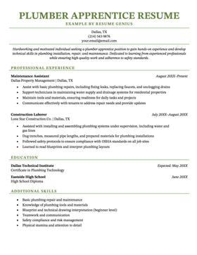 A plumber apprentice resume example.