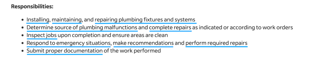 A bulleted list of responsibilities from a plumber job description for a resume.