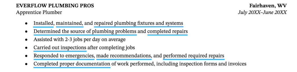 A list of job responsibilities from a plumber apprentice resume section.