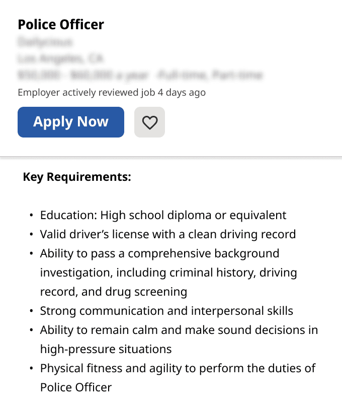 A police officer job listing showing the key requirements of the job in a bullet-point list