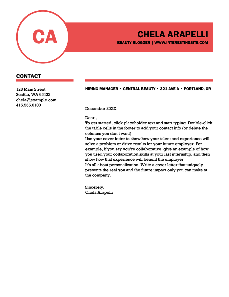 The Polished cover letter template from Microsoft Word featuring a bright red header bar