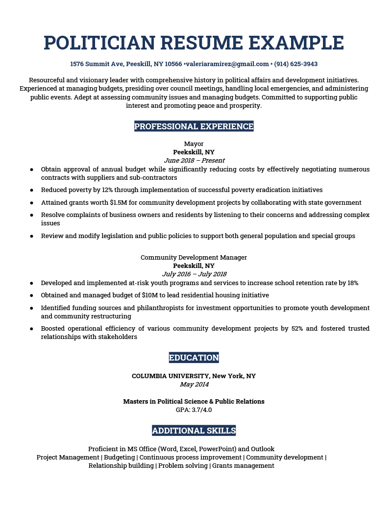 A politician resume example with a white background and the header, experience section, education section, and additional skills section highlighted in dark blue