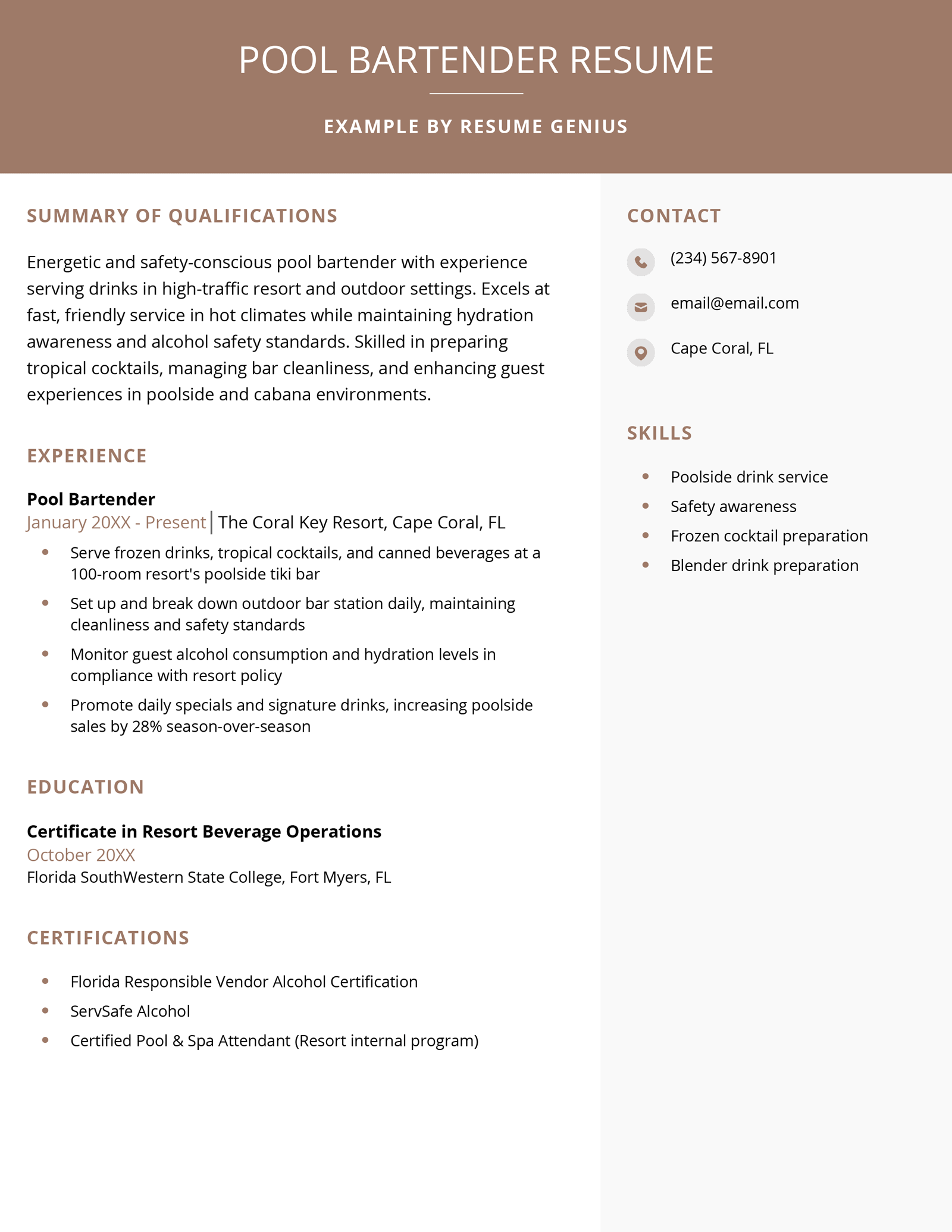 A pool bartender resume example.
