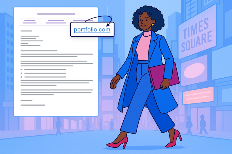 Illustration of a portfolio cover letter with a woman walking in Times Square in the background.