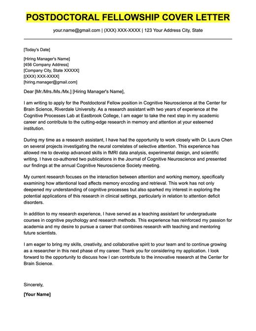 An example cover letter for a postdoctoral fellowship.