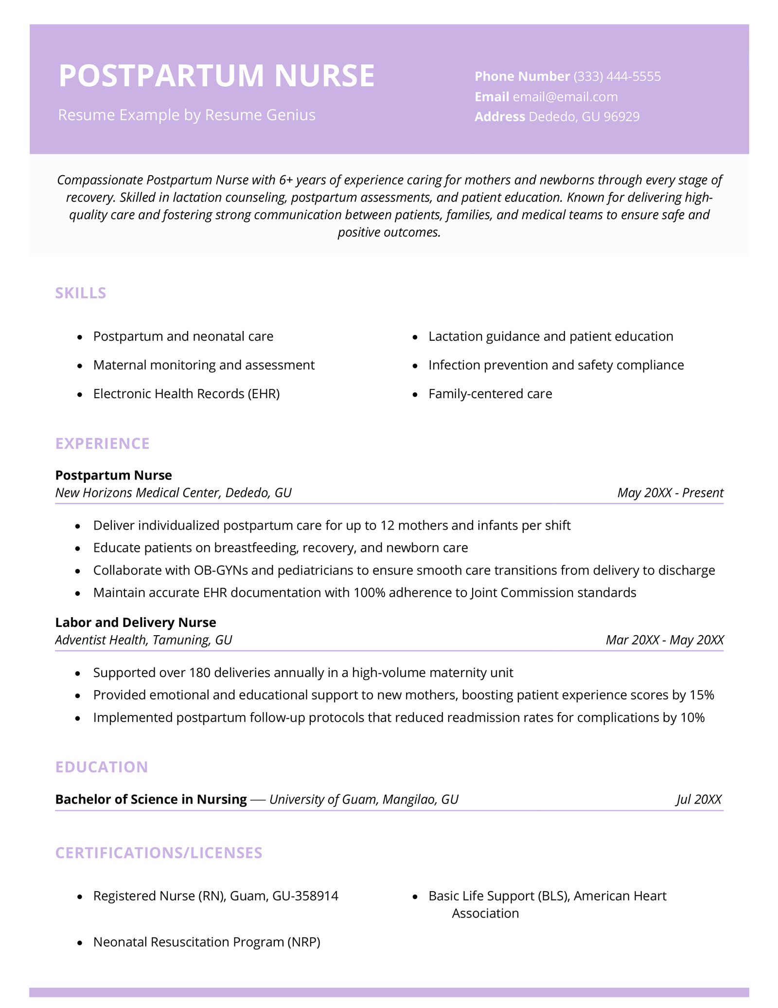 A postpartum nurse resume example.