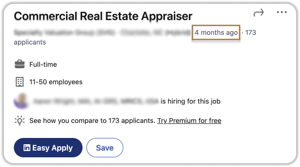 A potential ghost job post on LinkedIn with identifying information blurred out.