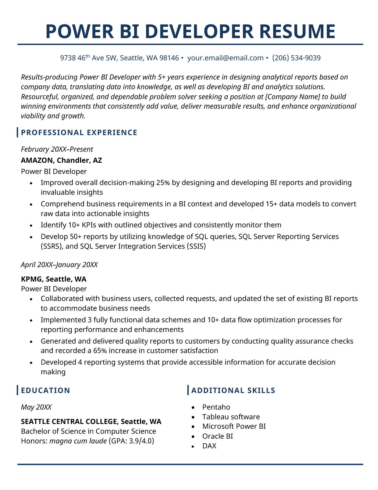 A Power BI developer resume sample on a template with with a dark blue header and four sections including a resume objective, professional experience, education, and additional skills