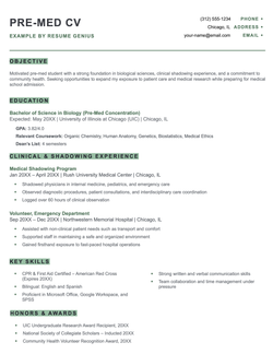 An example CV for a pre-med student.