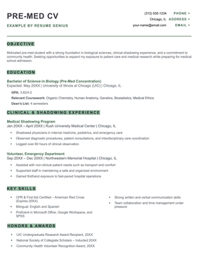 An example CV for a pre-med student.