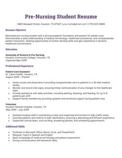 A pre-nursing student resume example