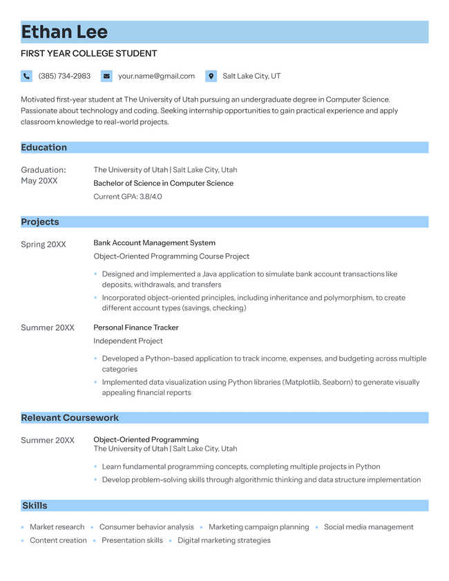 The Precise student resume template in blue.