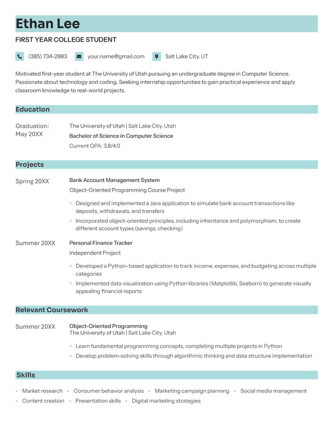 The Precise student resume template in cyan.