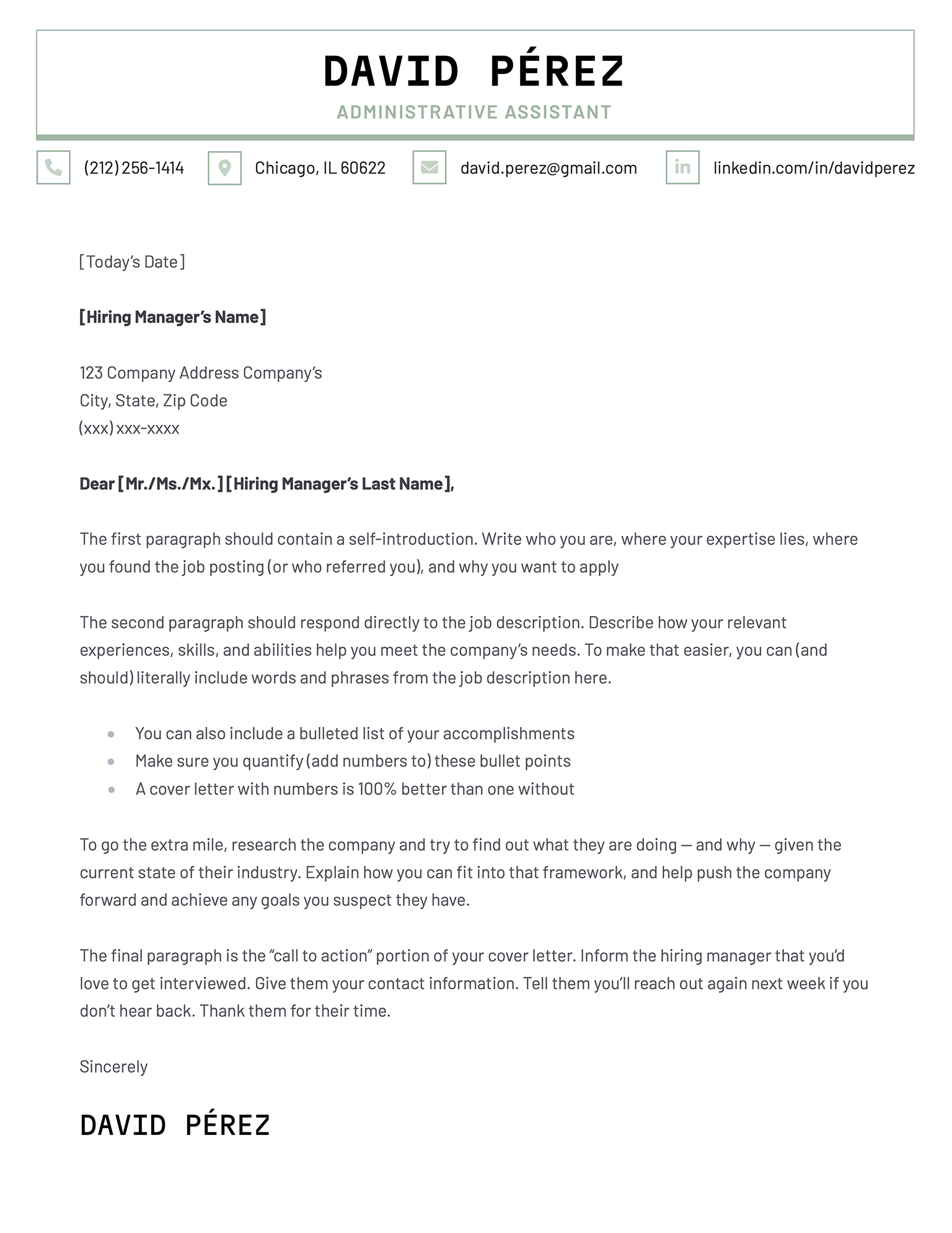 The Premium cover letter template in green.