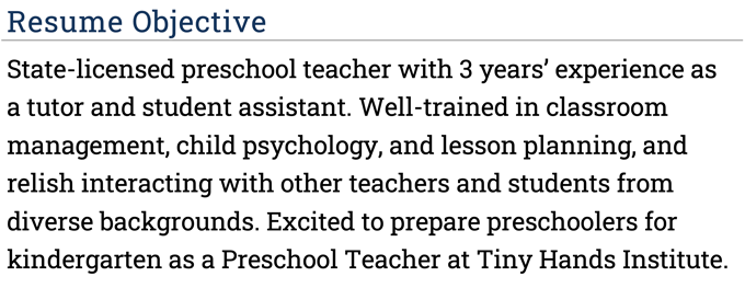 A preschool teacher resume objective example with a purple header above a thin horizontal line and three sentences about the applicant's teaching qualifications