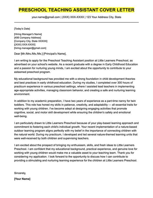 An example cover letter for a preschool teaching assistant.