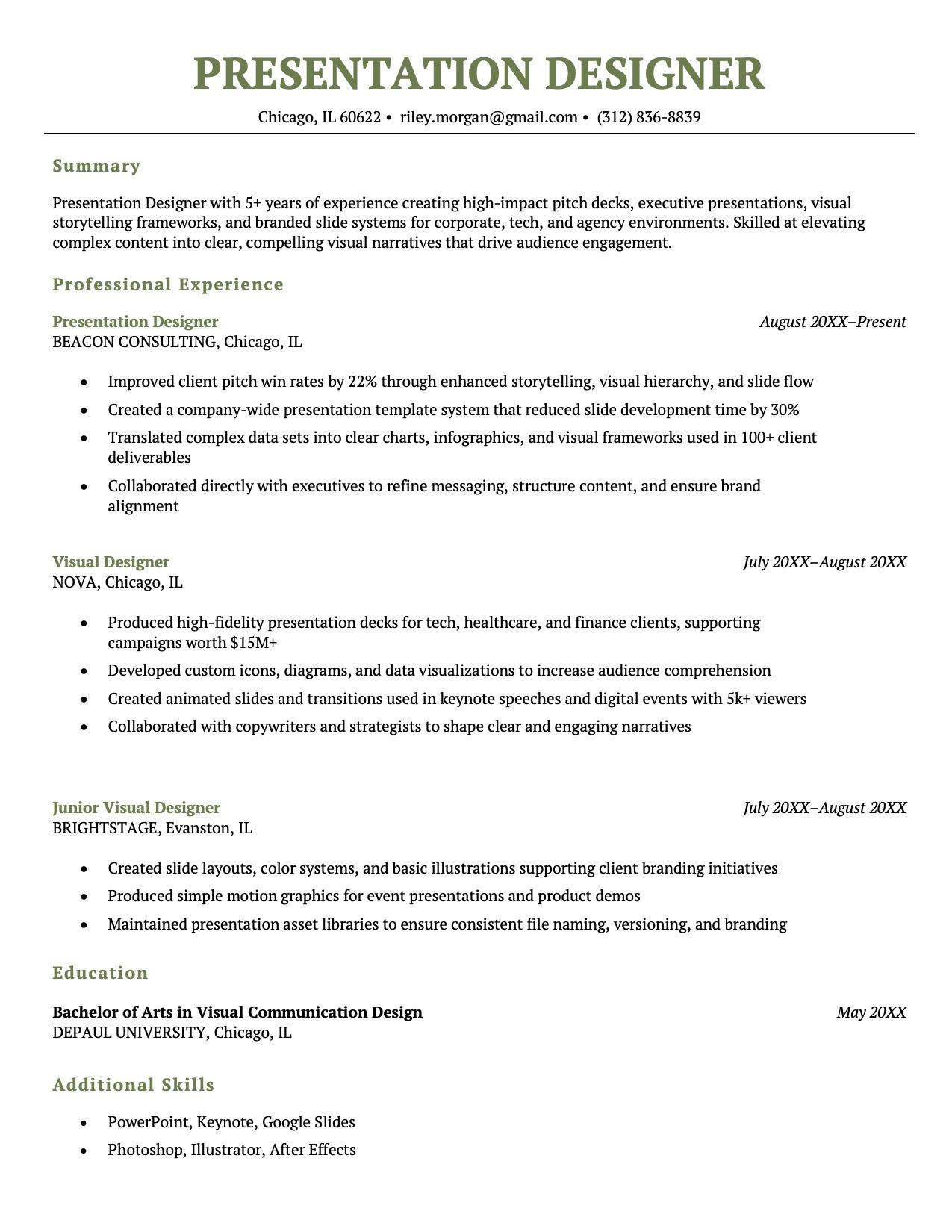 A presentation designer resume following a functional resume format.