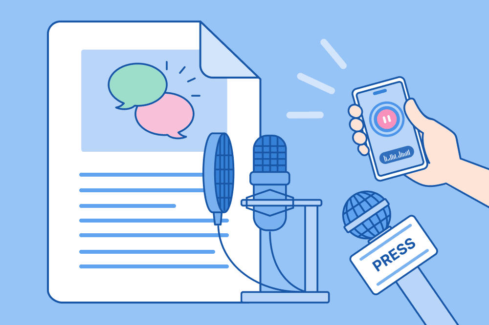 A newsworthy, trending career topic is written on a document with a microphone, podcast microphone, and voice recorder to signify Resume Genius's press and media mentions