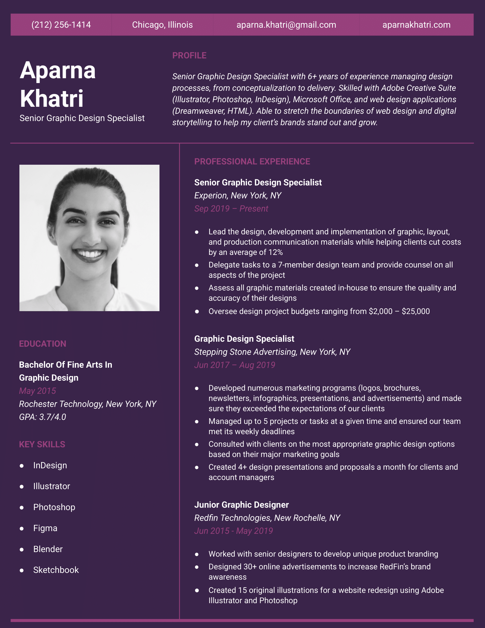 Pretty Google Docs resume template in violet with a full-color background and resume photo.