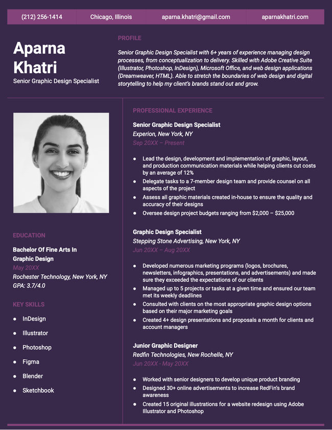 Pretty Google Docs resume template in violet with a full-color background and resume photo.