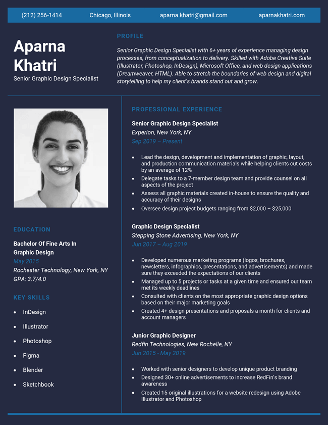 Pretty Resume Template hub image of Creative Resume Templates subpage, dark blue background with white text, with a headshot