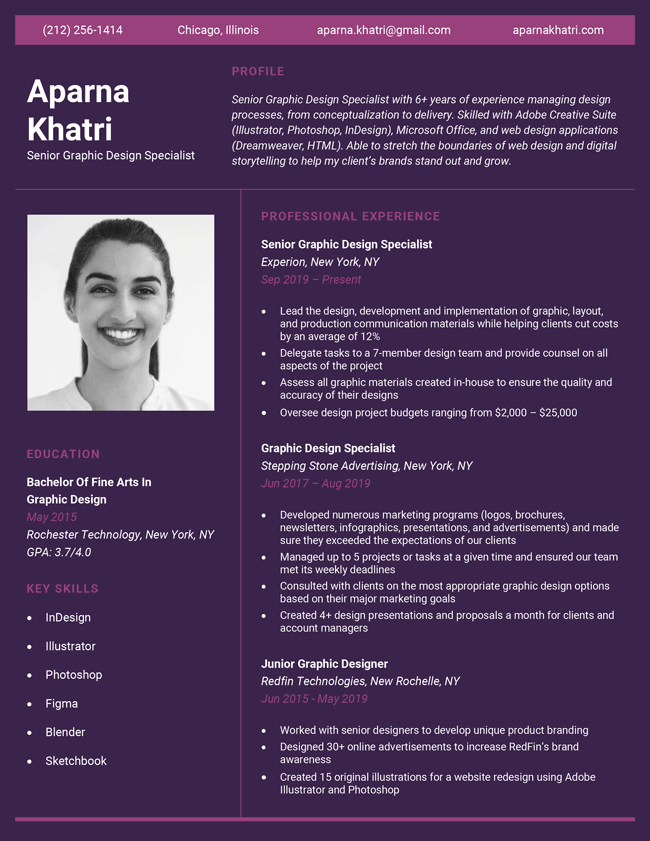 Pretty Creative Resume Template, violet and white colors used, with headshot
