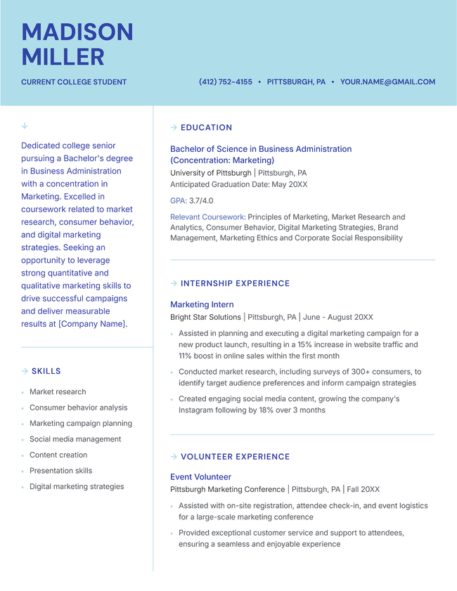The Primary student resume template in blue.