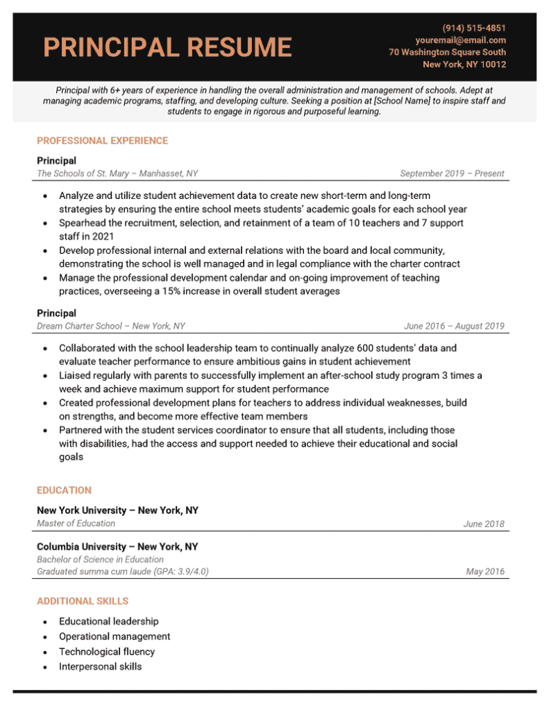 resume format for college principal post
