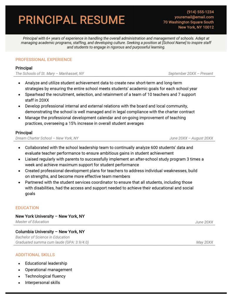 cover letter for principal resume