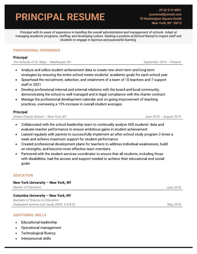School principal resume sample with black header and orange lettering