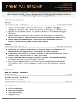 School principal resume sample with black header and orange lettering