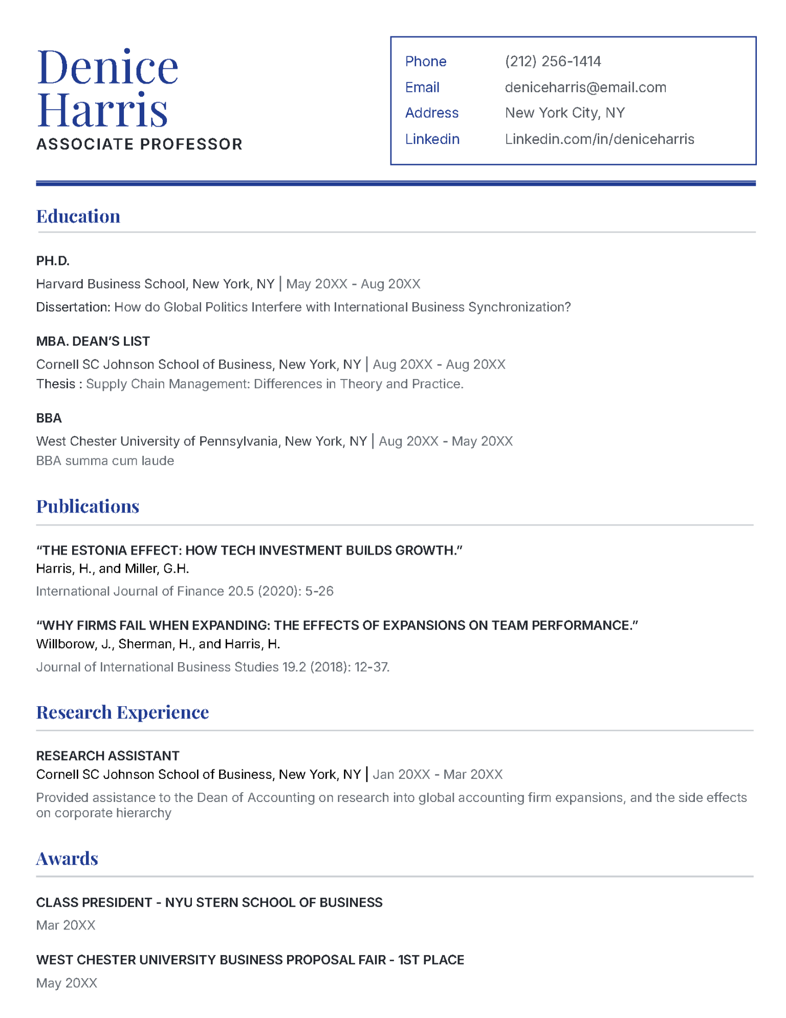 Page 1 of the Pro CV template in Navy Blue