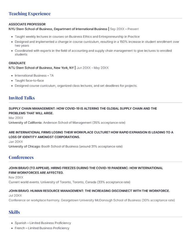Page 2 of the Pro CV template in Navy Blue
