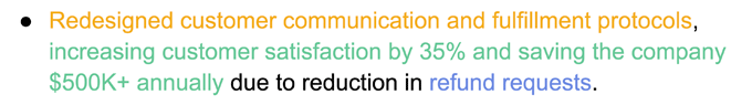 An example of how to use the par method to demonstrate problem solving skills in a resume bullet point, using yellow, green and red text to highlight the problem, action, and result