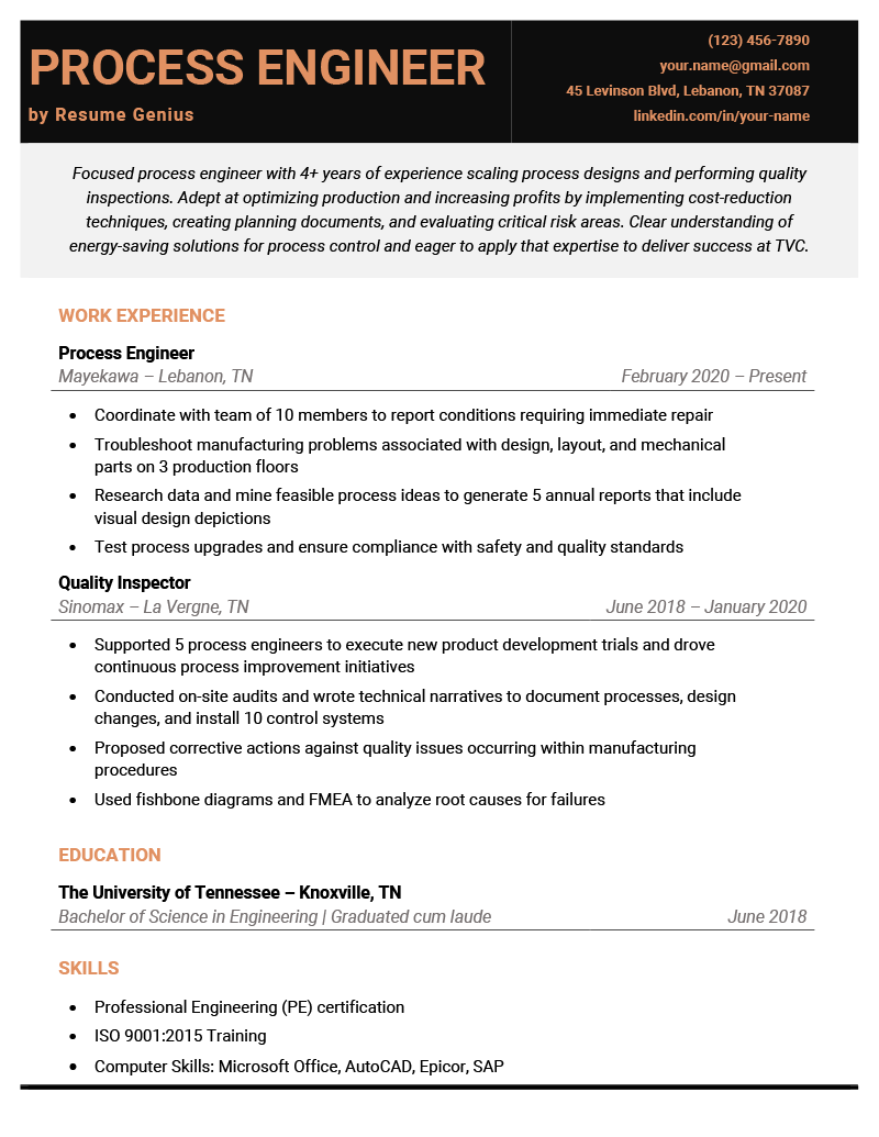 A process engineer resume sample with orange and black text, and information presented chronologically