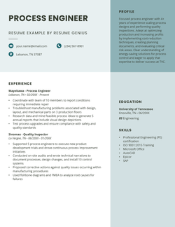 A process engineer resume sample with orange and black text, and information presented chronologically