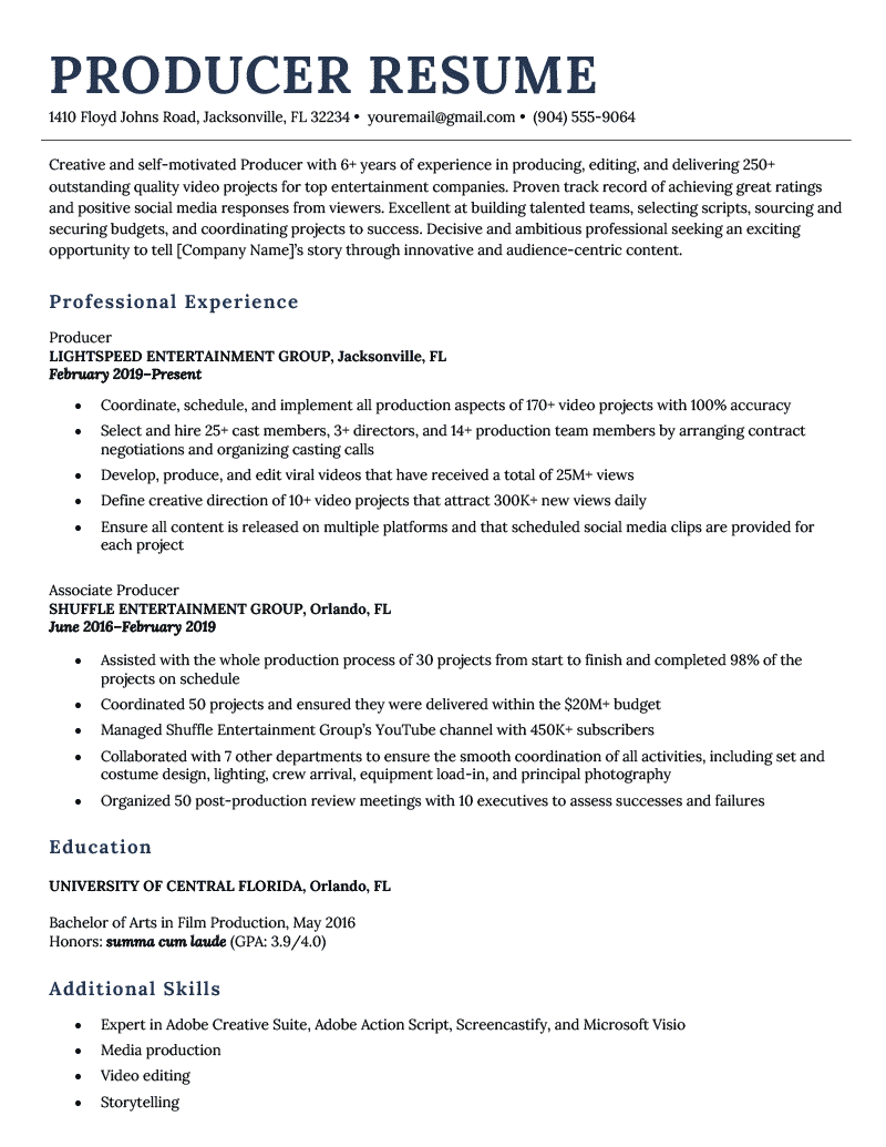 A producer resume example on a template that uses a dark blue font for each of the header titles