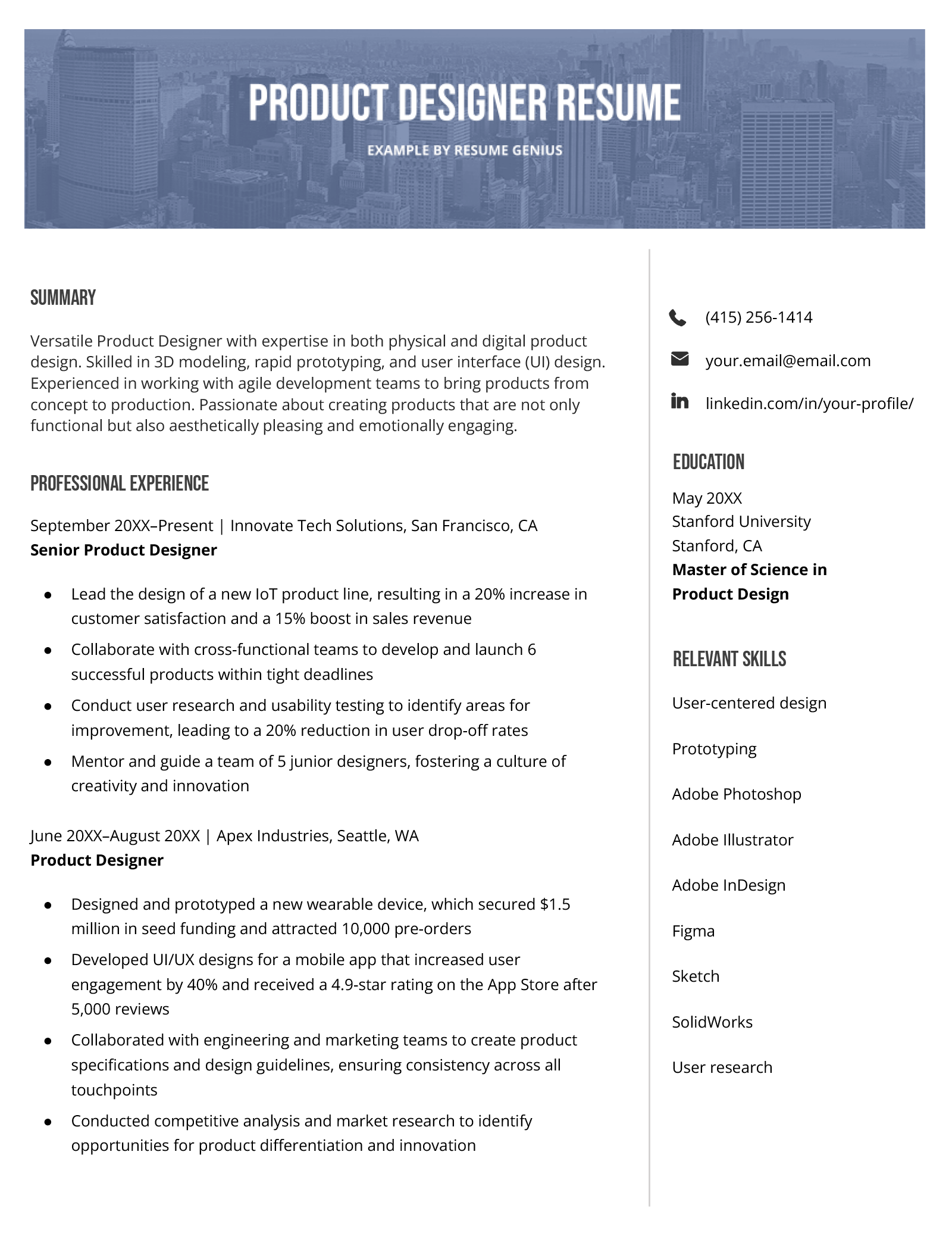 An example of a product designer resume.