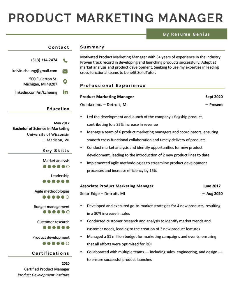 A properly formatted product marketing manager resume example on a template with a green color scheme.