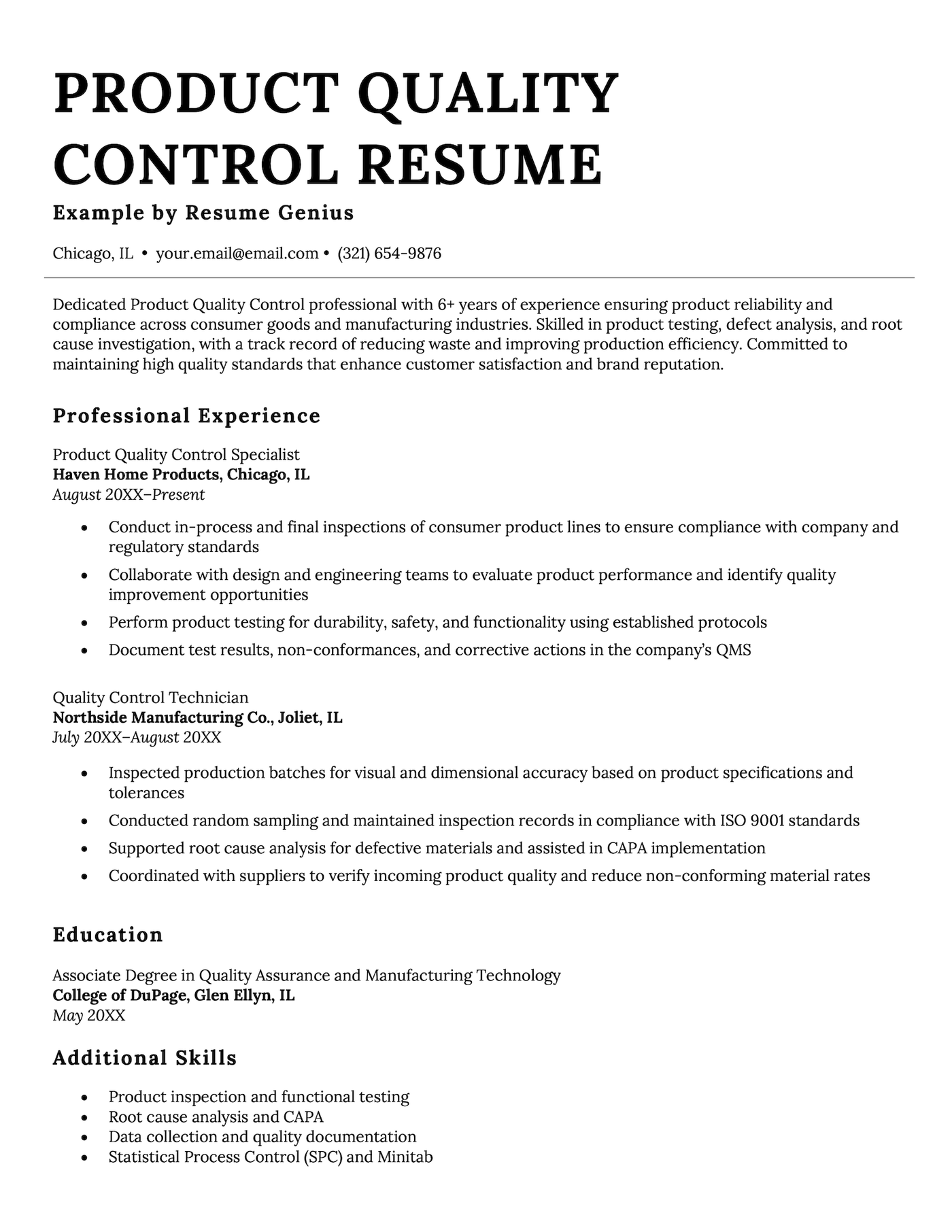 A product quality control resume example.