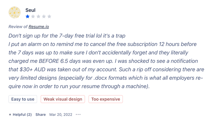 Example of a Resume.io review from a customer saying they were charged before the trial period ended.