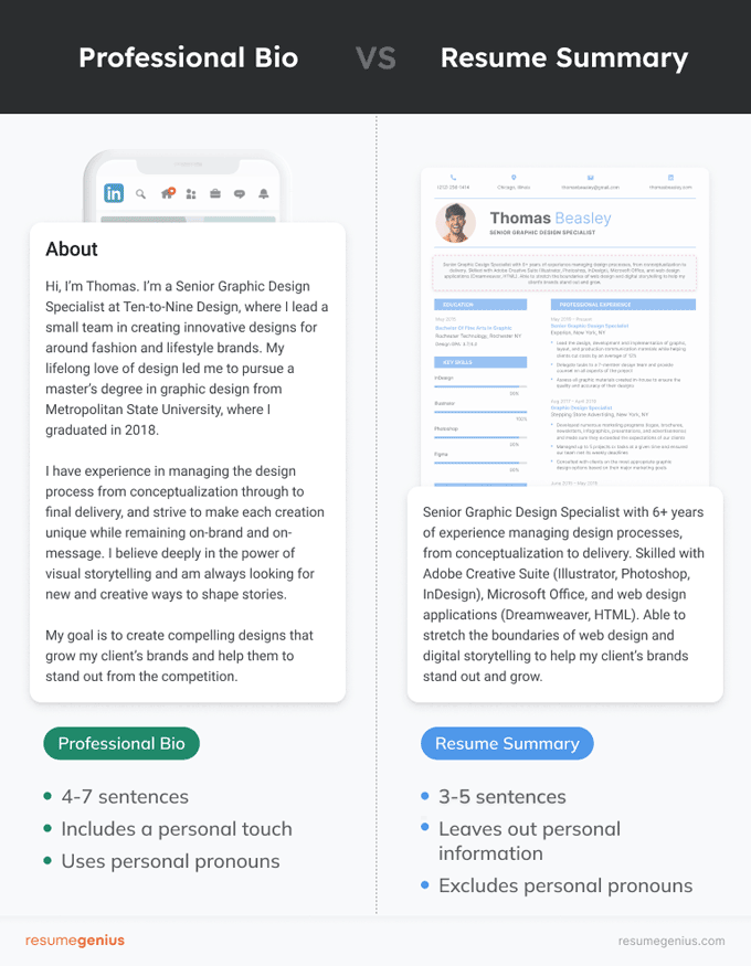 Graphic comparing a professional bio and a resume bio. 