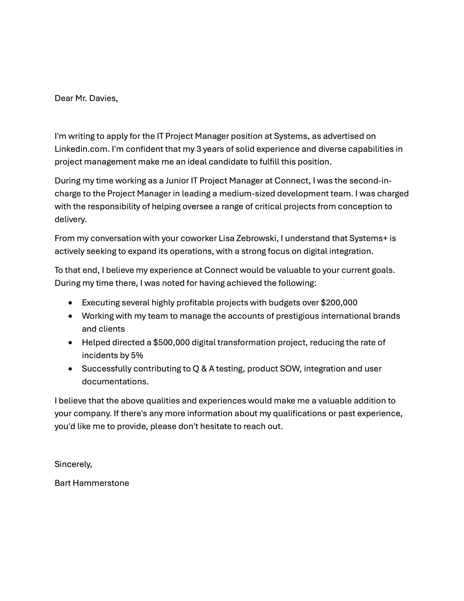 An example of one of the best professional cover letters we found