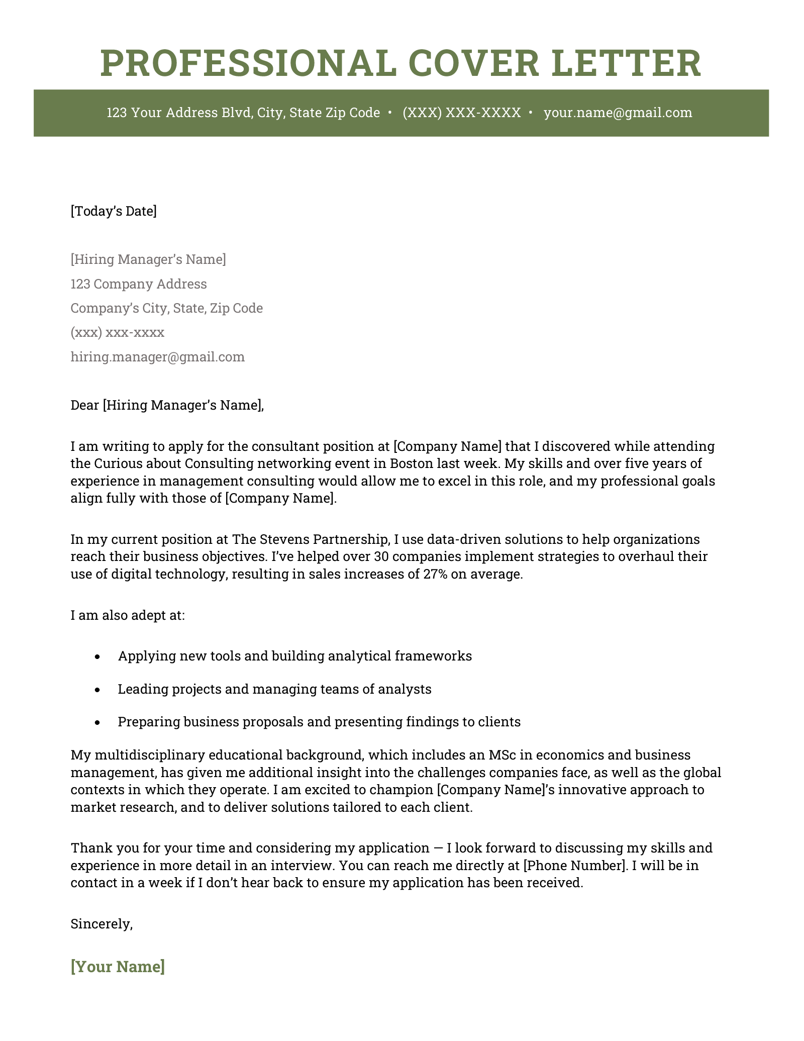 A resume with a green header following a professional cover letter format.