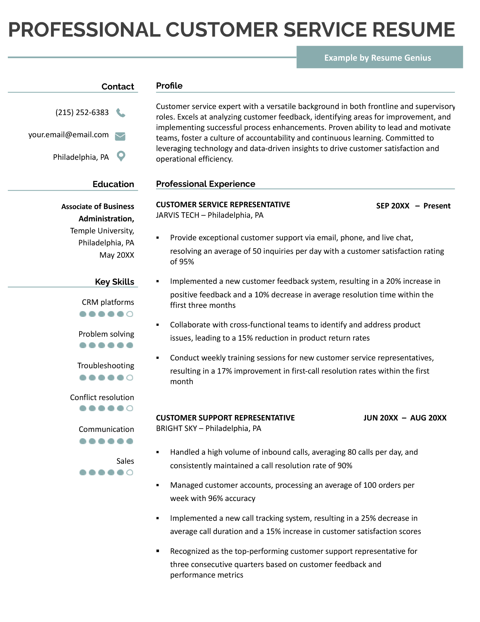 A professional customer service resume example. 